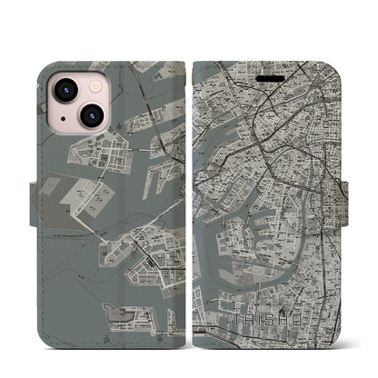 【大正（大阪府）】地図柄iPhoneケース（手帳タイプ）モノトーン・iPhone 13 mini 用