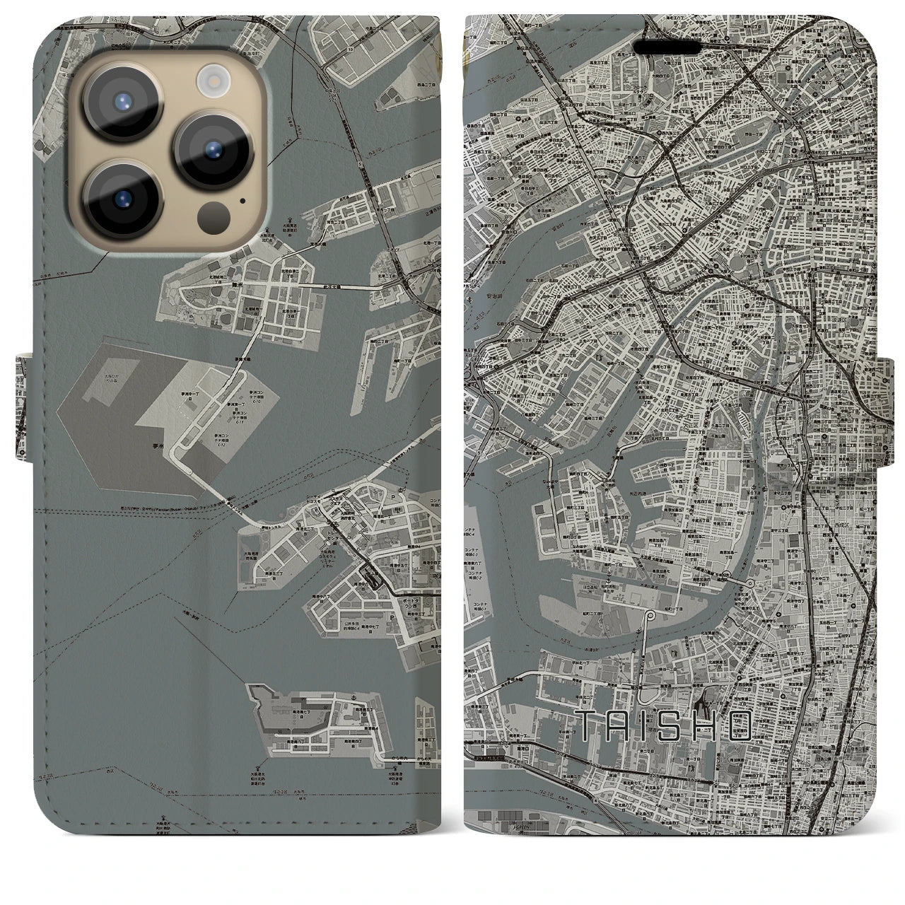 【大正】地図柄iPhoneケース（手帳両面タイプ・モノトーン）iPhone 14 Pro Max 用