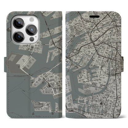 【大正（大阪府）】地図柄iPhoneケース（手帳タイプ）モノトーン・iPhone 14 Pro 用