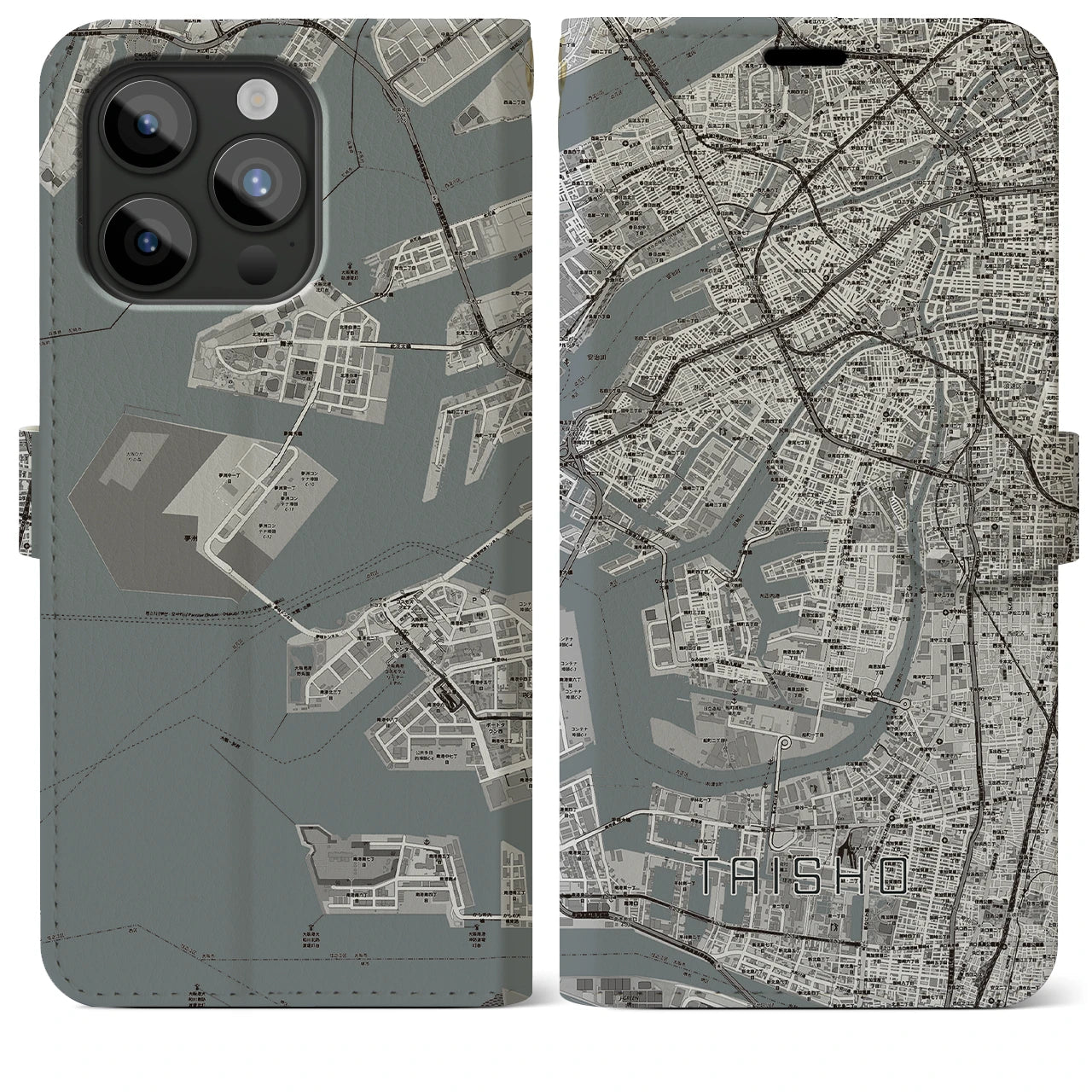 【大正】地図柄iPhoneケース（手帳両面タイプ・モノトーン）iPhone 15 Pro Max 用