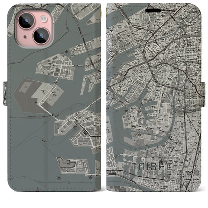 【大正（大阪府）】地図柄iPhoneケース（手帳タイプ）モノトーン・iPhone 15 Plus 用