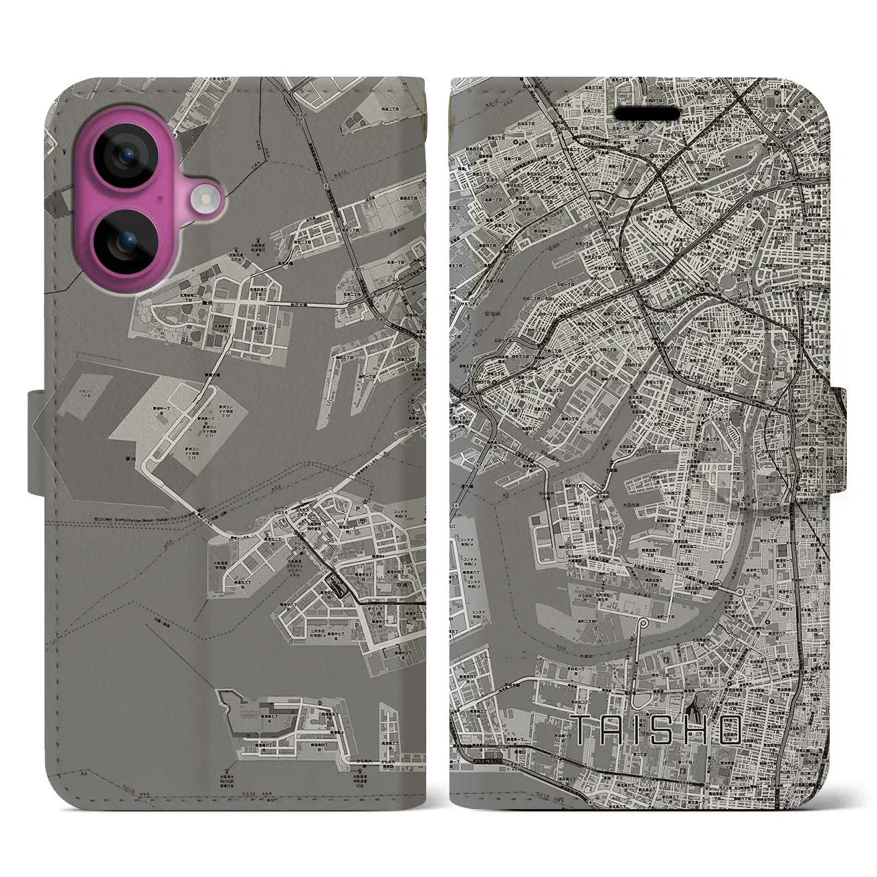 【大正（大阪府）】地図柄iPhoneケース（手帳タイプ）モノトーン・iPhone 16 Pro 用