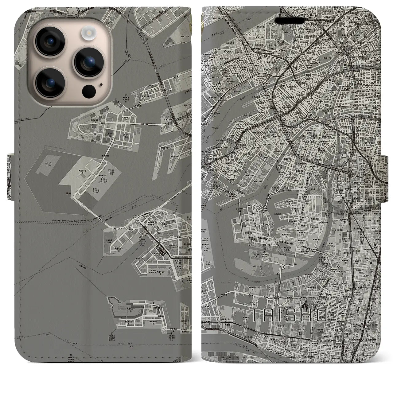 【大正（大阪府）】地図柄iPhoneケース（手帳タイプ）モノトーン・iPhone 16 Plus 用