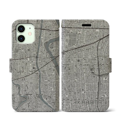 【高畑（愛知県）】地図柄iPhoneケース（手帳タイプ）モノトーン・iPhone 12 mini 用