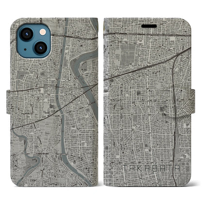 【高畑（愛知県）】地図柄iPhoneケース（手帳タイプ）モノトーン・iPhone 13 用