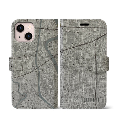 【高畑（愛知県）】地図柄iPhoneケース（手帳タイプ）モノトーン・iPhone 13 mini 用