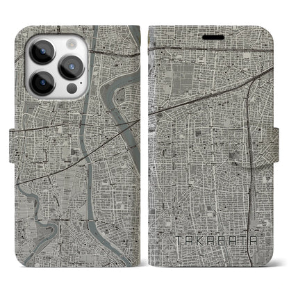 【高畑（愛知県）】地図柄iPhoneケース（手帳タイプ）モノトーン・iPhone 14 Pro 用
