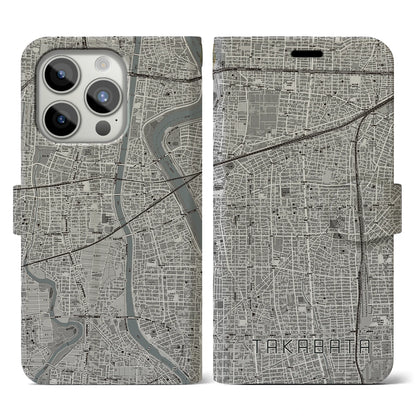 【高畑（愛知県）】地図柄iPhoneケース（手帳タイプ）モノトーン・iPhone 15 Pro 用