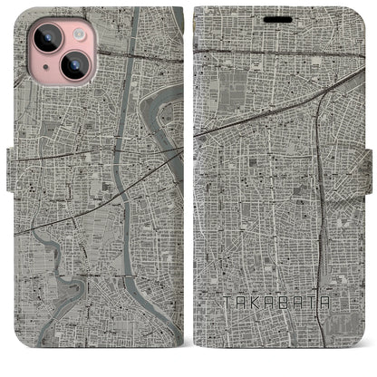 【高畑（愛知県）】地図柄iPhoneケース（手帳タイプ）モノトーン・iPhone 15 Plus 用