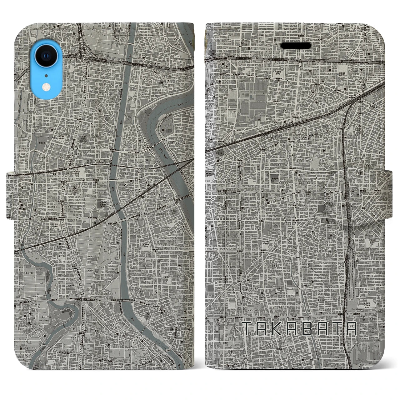 【高畑】地図柄iPhoneケース（手帳両面タイプ・モノトーン）iPhone XR 用