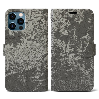 【高千穂（宮崎県）】地図柄iPhoneケース（手帳タイプ）モノトーン・iPhone 12 / 12 Pro 用