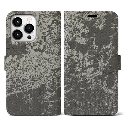 【高千穂（宮崎県）】地図柄iPhoneケース（手帳タイプ）モノトーン・iPhone 13 Pro 用