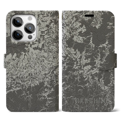 【高千穂（宮崎県）】地図柄iPhoneケース（手帳タイプ）モノトーン・iPhone 14 Pro 用