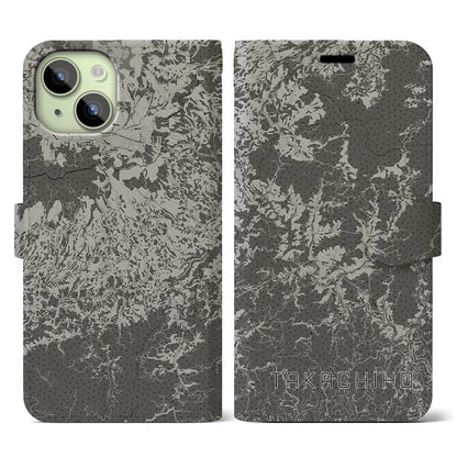 【高千穂（宮崎県）】地図柄iPhoneケース（手帳タイプ）モノトーン・iPhone 15 用