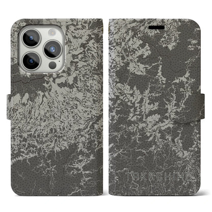 【高千穂（宮崎県）】地図柄iPhoneケース（手帳タイプ）モノトーン・iPhone 15 Pro 用