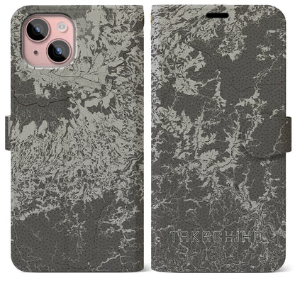 【高千穂（宮崎県）】地図柄iPhoneケース（手帳タイプ）モノトーン・iPhone 15 Plus 用