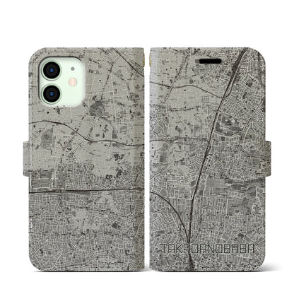 【高田馬場（東京都）】地図柄iPhoneケース（手帳タイプ）モノトーン・iPhone 12 mini 用