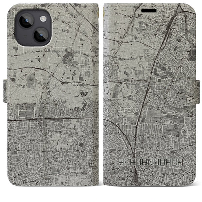 【高田馬場（東京都）】地図柄iPhoneケース（手帳タイプ）モノトーン・iPhone 14 Plus 用