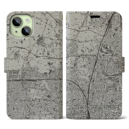 【高田馬場（東京都）】地図柄iPhoneケース（手帳タイプ）モノトーン・iPhone 15 用
