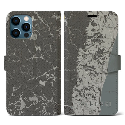 【高萩（茨城県）】地図柄iPhoneケース（手帳タイプ）モノトーン・iPhone 12 / 12 Pro 用