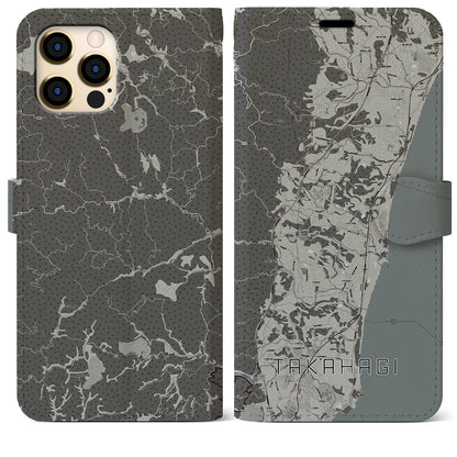 【高萩（茨城県）】地図柄iPhoneケース（手帳タイプ）モノトーン・iPhone 12 Pro Max 用