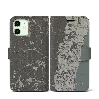 【高萩（茨城県）】地図柄iPhoneケース（手帳タイプ）モノトーン・iPhone 12 mini 用