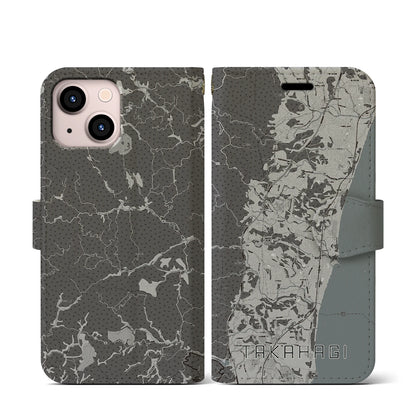 【高萩（茨城県）】地図柄iPhoneケース（手帳タイプ）モノトーン・iPhone 13 mini 用