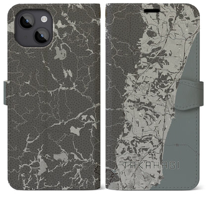 【高萩（茨城県）】地図柄iPhoneケース（手帳タイプ）モノトーン・iPhone 14 Plus 用