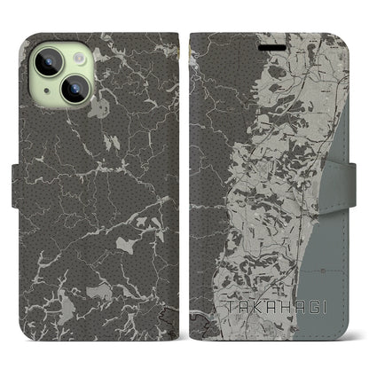 【高萩（茨城県）】地図柄iPhoneケース（手帳タイプ）モノトーン・iPhone 15 用