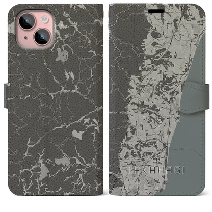 【高萩（茨城県）】地図柄iPhoneケース（手帳タイプ）モノトーン・iPhone 15 Plus 用