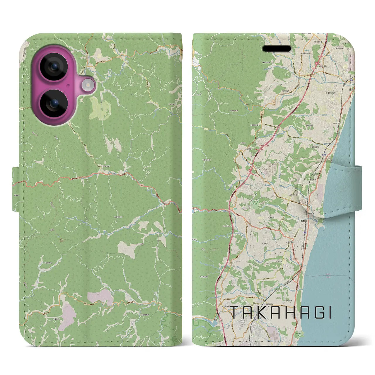 【高萩（茨城県）】地図柄iPhoneケース（手帳タイプ）ナチュラル・iPhone 16 Pro 用