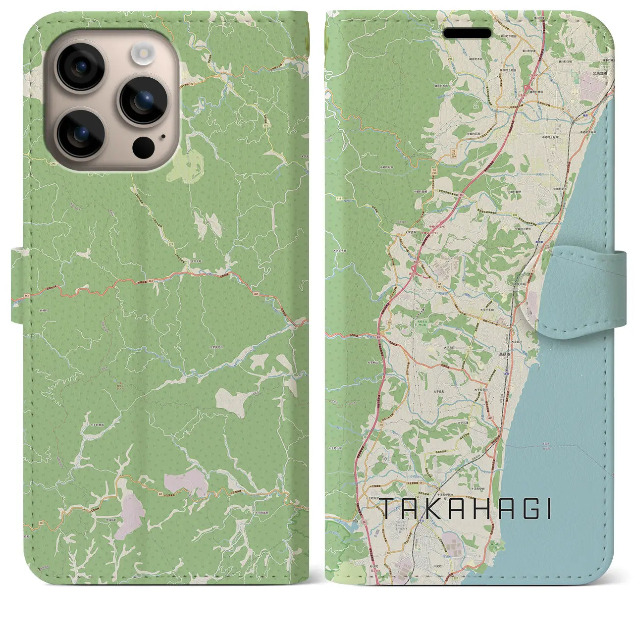 【高萩（茨城県）】地図柄iPhoneケース（手帳タイプ）ナチュラル・iPhone 16 Plus 用