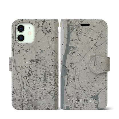 【高浜（愛知県）】地図柄iPhoneケース（手帳タイプ）モノトーン・iPhone 12 mini 用