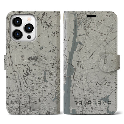 【高浜（愛知県）】地図柄iPhoneケース（手帳タイプ）モノトーン・iPhone 13 Pro 用