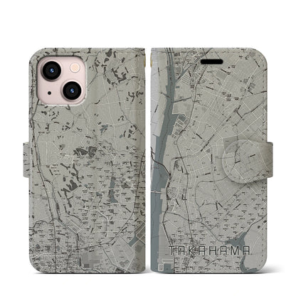 【高浜（愛知県）】地図柄iPhoneケース（手帳タイプ）モノトーン・iPhone 13 mini 用