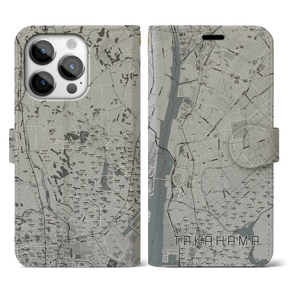 【高浜（愛知県）】地図柄iPhoneケース（手帳タイプ）モノトーン・iPhone 14 Pro 用