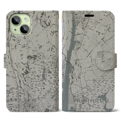 【高浜（愛知県）】地図柄iPhoneケース（手帳タイプ）モノトーン・iPhone 15 用