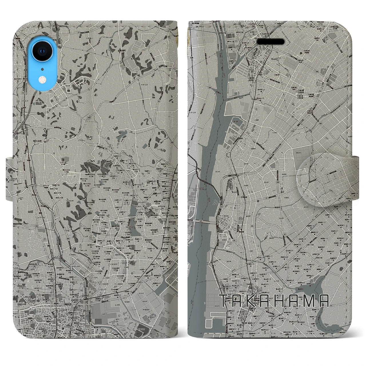 【高浜】地図柄iPhoneケース（手帳両面タイプ・モノトーン）iPhone XR 用