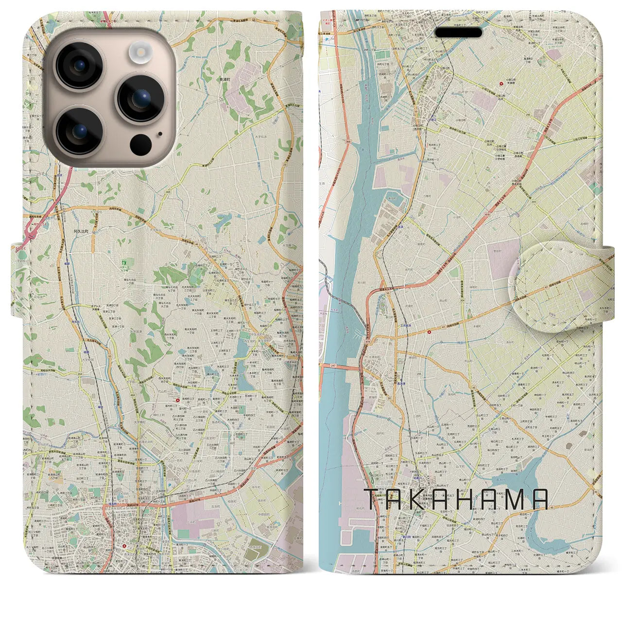 【高浜（愛知県）】地図柄iPhoneケース（手帳タイプ）ナチュラル・iPhone 16 Plus 用