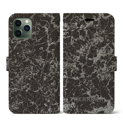 【高梁（岡山県）】地図柄iPhoneケース（手帳タイプ）モノトーン・iPhone 11 Pro 用