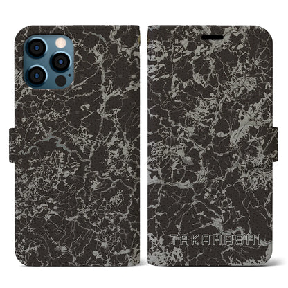 【高梁（岡山県）】地図柄iPhoneケース（手帳タイプ）モノトーン・iPhone 12 / 12 Pro 用