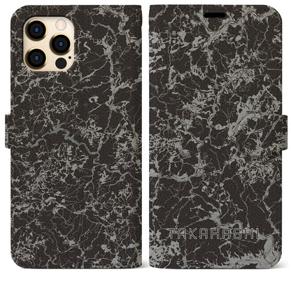 【高梁（岡山県）】地図柄iPhoneケース（手帳タイプ）モノトーン・iPhone 12 Pro Max 用