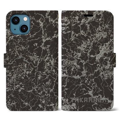 【高梁（岡山県）】地図柄iPhoneケース（手帳タイプ）モノトーン・iPhone 13 用