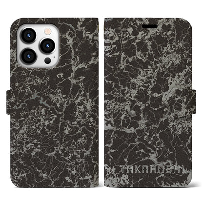 【高梁（岡山県）】地図柄iPhoneケース（手帳タイプ）モノトーン・iPhone 13 Pro 用