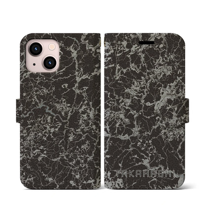 【高梁（岡山県）】地図柄iPhoneケース（手帳タイプ）モノトーン・iPhone 13 mini 用