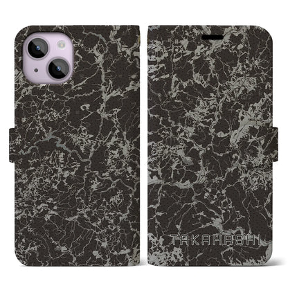 【高梁（岡山県）】地図柄iPhoneケース（手帳タイプ）モノトーン・iPhone 14 用