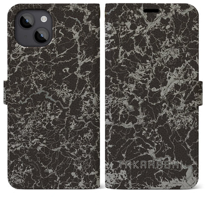 【高梁（岡山県）】地図柄iPhoneケース（手帳タイプ）モノトーン・iPhone 14 Plus 用