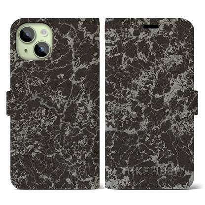 【高梁（岡山県）】地図柄iPhoneケース（手帳タイプ）モノトーン・iPhone 15 用