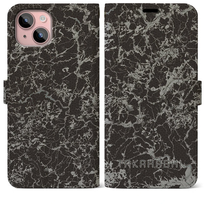 【高梁（岡山県）】地図柄iPhoneケース（手帳タイプ）モノトーン・iPhone 15 Plus 用