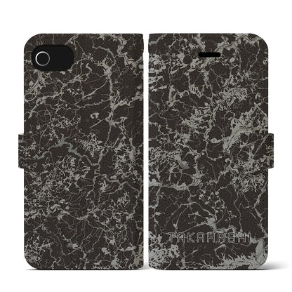 【高梁（岡山県）】地図柄iPhoneケース（手帳タイプ）モノトーン・iPhone SE（第3 / 第2世代） / 8 / 7 / 6s / 6 用